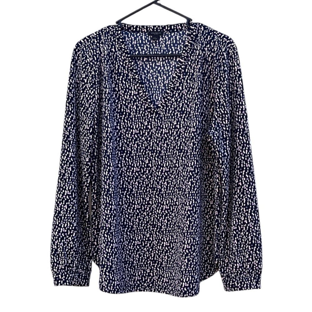 Ann Taylor Factory Navy Patterned Top Long Sleeved Business Casual Size Large - Picture 1 of 9